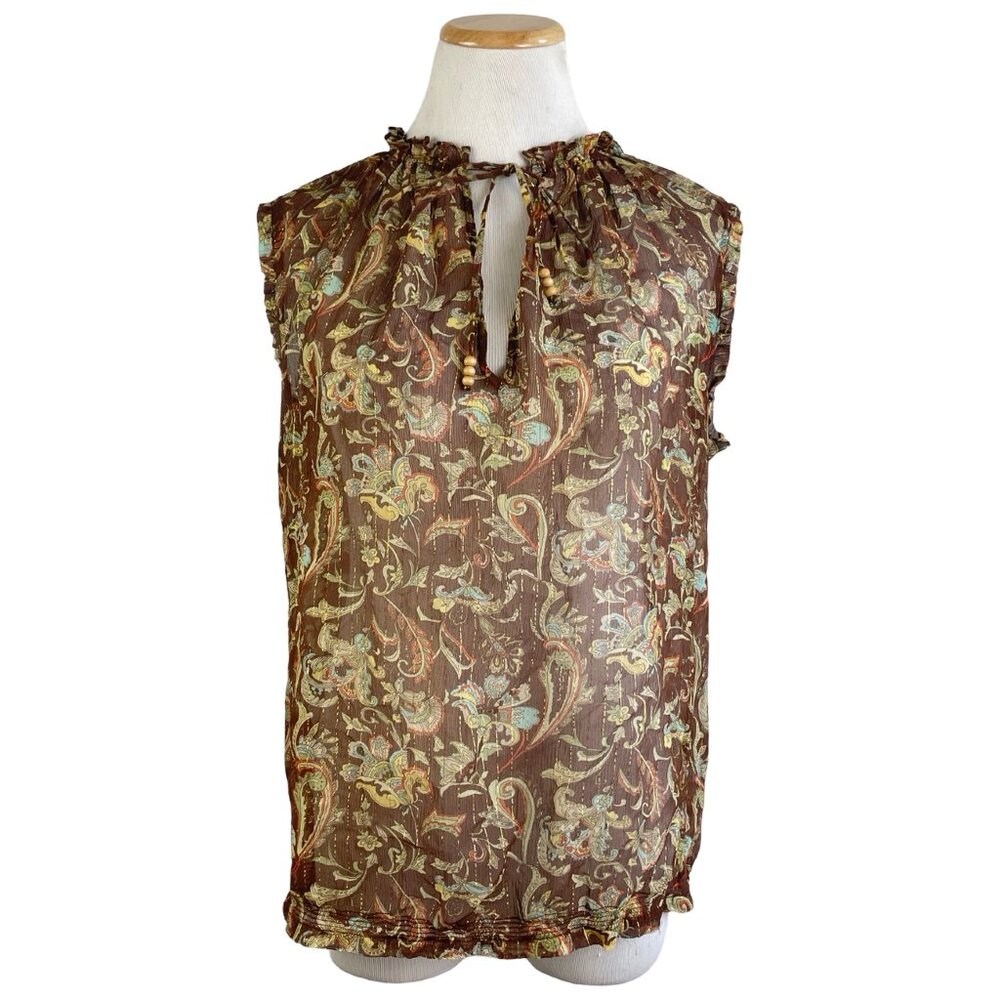 THE LIMITED Blouse Sheer Sleeveless Brown Paisley Gold Thread Ruffle Size Medium